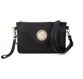 French Kande Black Crossbody Purse with Silver Medallion