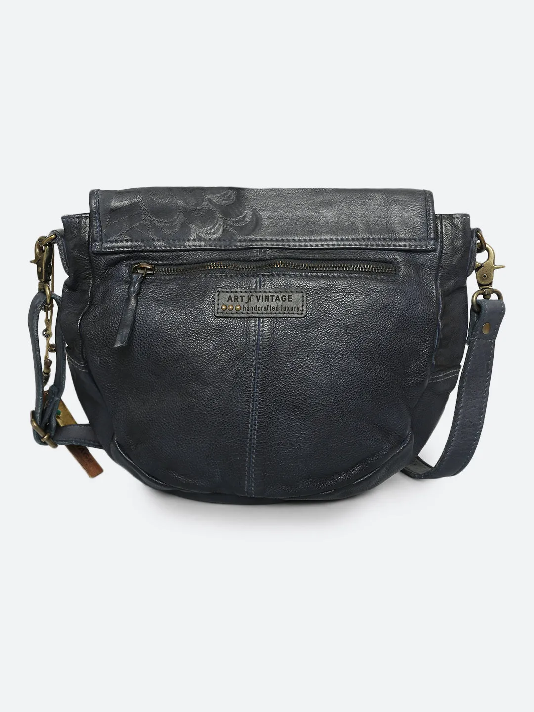 Fresia: Navy Blue Leather Laser Cross Body