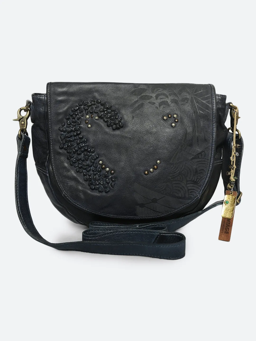 Fresia: Navy Blue Leather Laser Cross Body