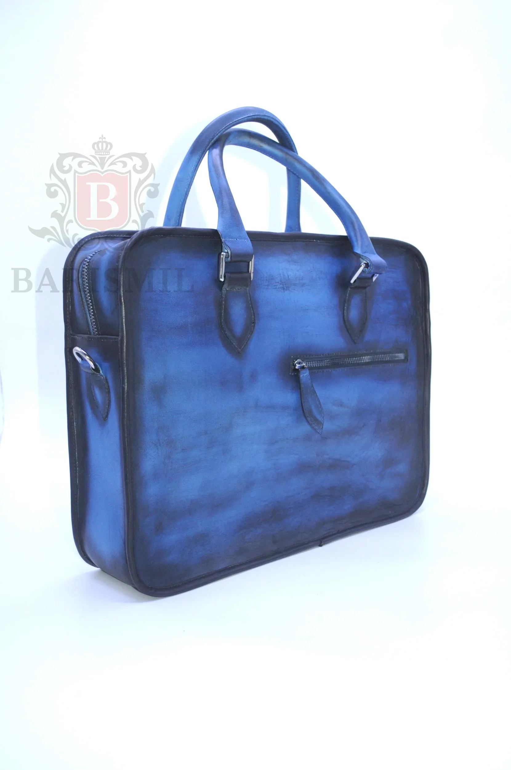 Full Grain Leather Briefcase - Blue Patina