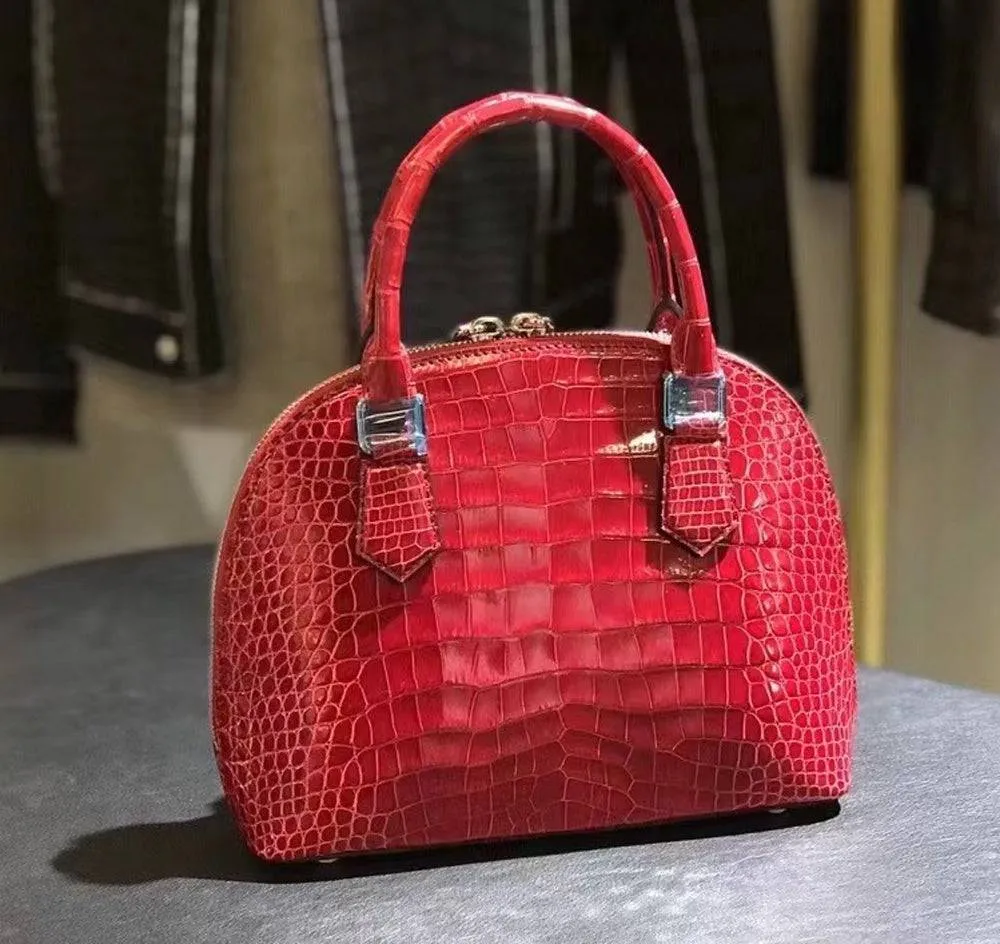 Genuine Crocodile  Leather  Shell Top Handle Cross Body Tote Bags For S/S  Red