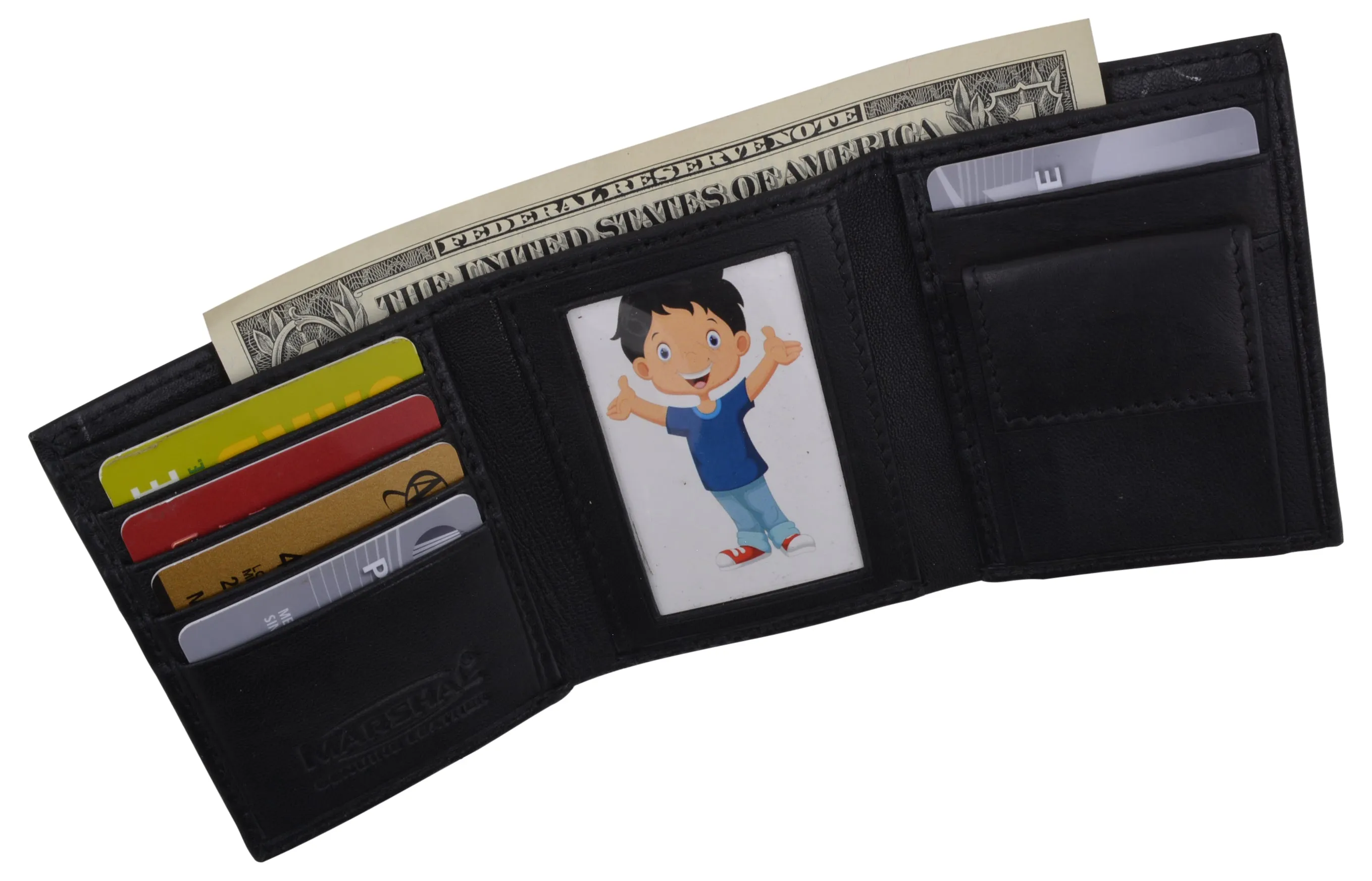 Genuine Leather Kids Slim Compact ID and Coin Pocket Trifold Boys Black Wallet K700