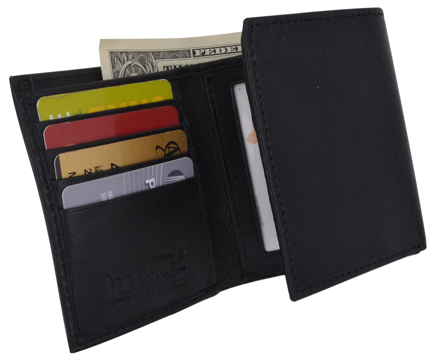 Genuine Leather Kids Slim Compact ID and Coin Pocket Trifold Boys Black Wallet K700