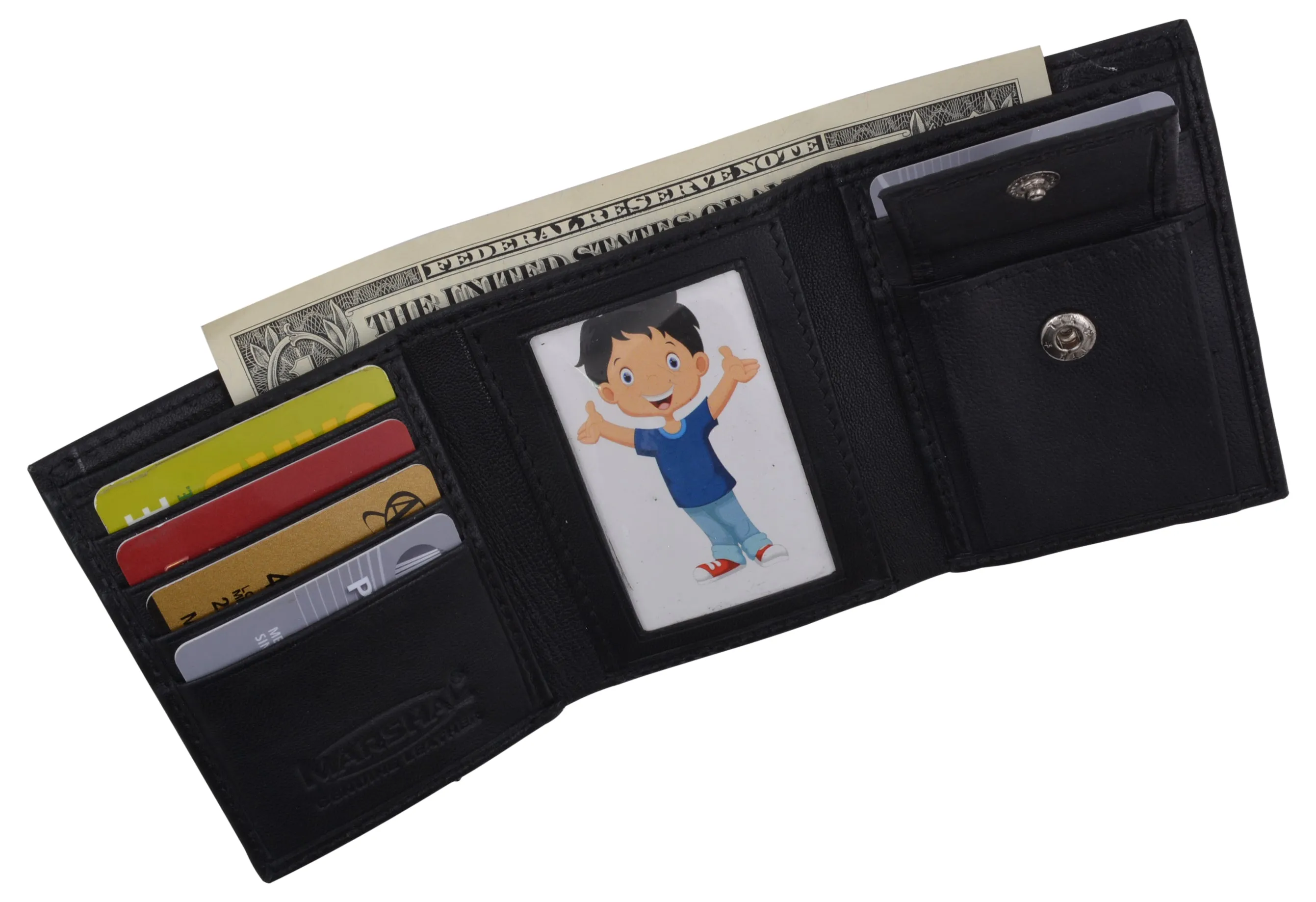 Genuine Leather Kids Slim Compact ID and Coin Pocket Trifold Boys Black Wallet K700