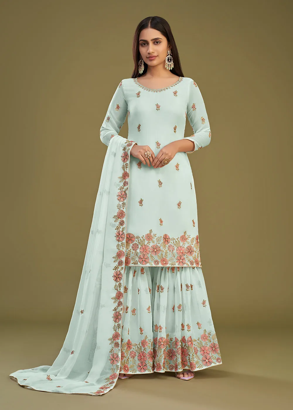 Georgette Blue Multi Thread Embroidered Gharara Suit