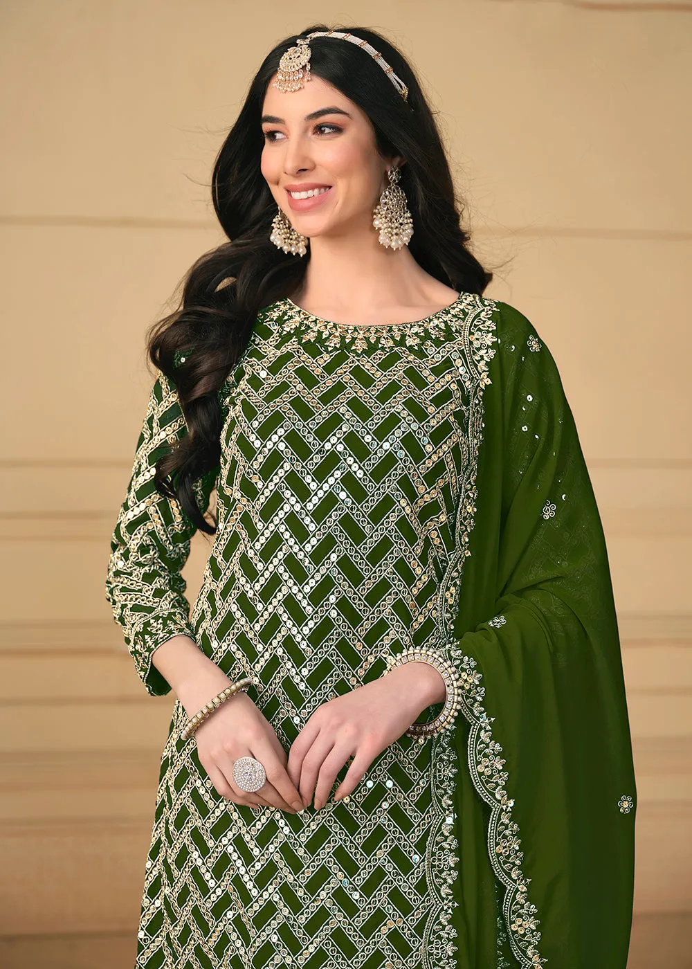 Georgette Green Embroidered Gharara Style Suit