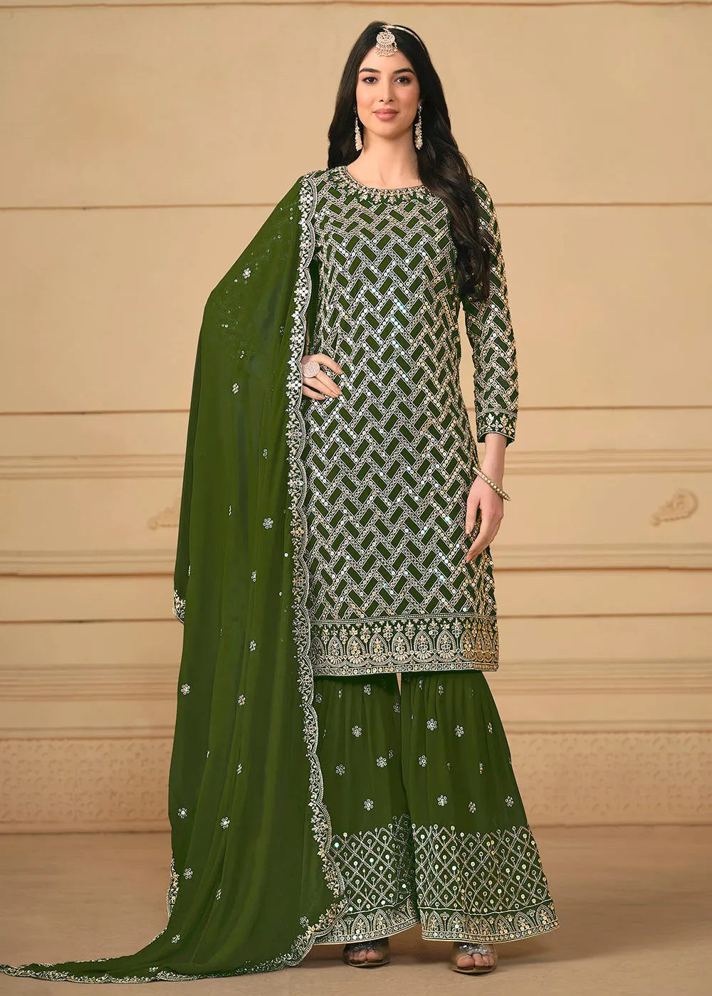 Georgette Green Embroidered Gharara Style Suit