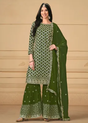 Georgette Green Embroidered Gharara Style Suit