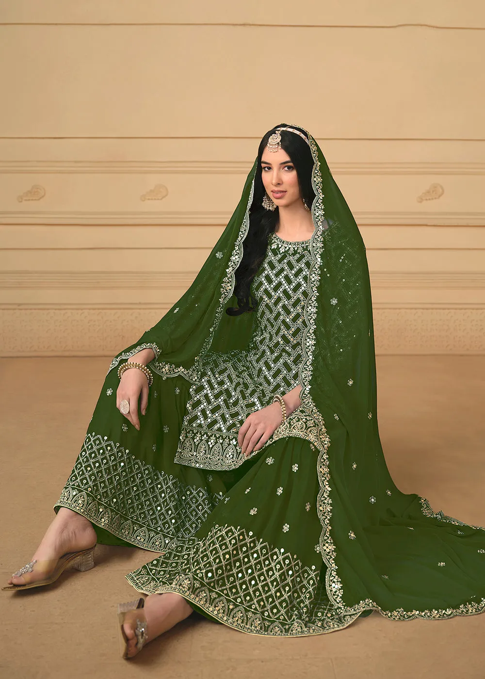 Georgette Green Embroidered Gharara Style Suit