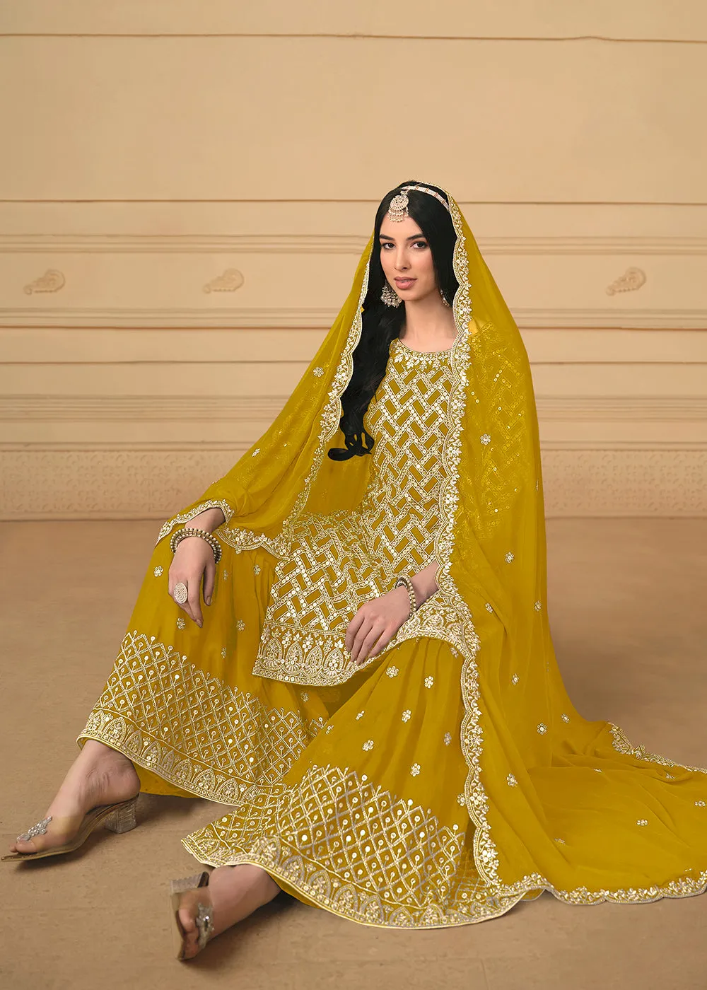 Georgette Mustard Embroidered Gharara Style Suit