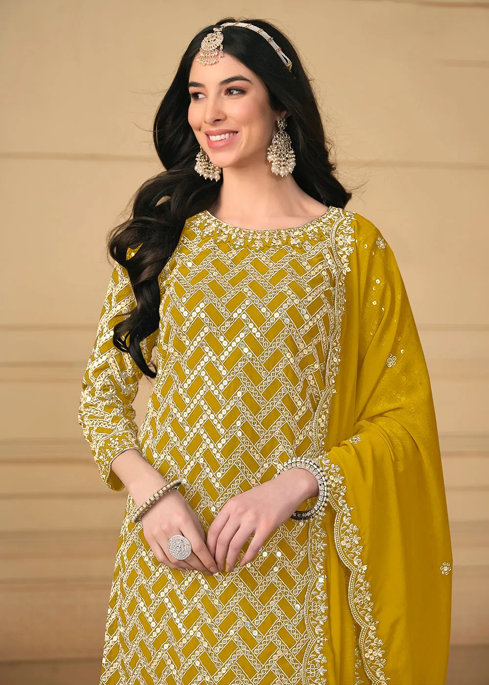 Georgette Mustard Embroidered Gharara Style Suit