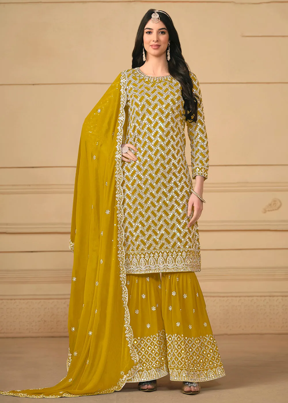 Georgette Mustard Embroidered Gharara Style Suit