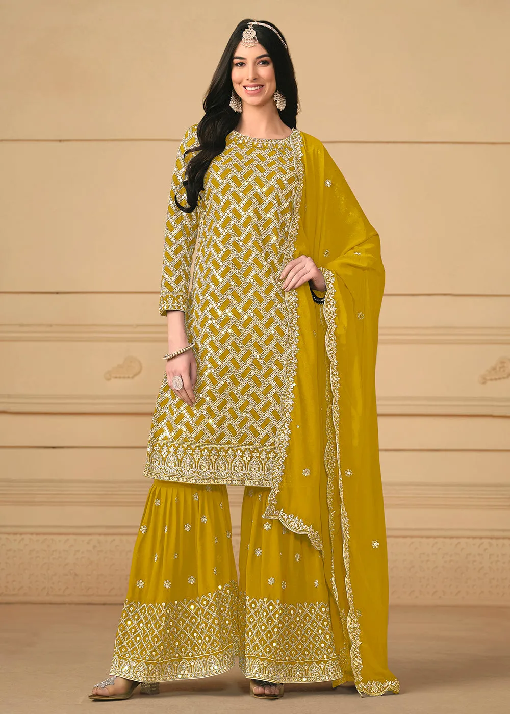 Georgette Mustard Embroidered Gharara Style Suit