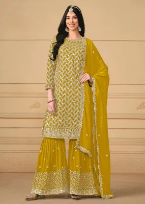 Georgette Mustard Embroidered Gharara Style Suit