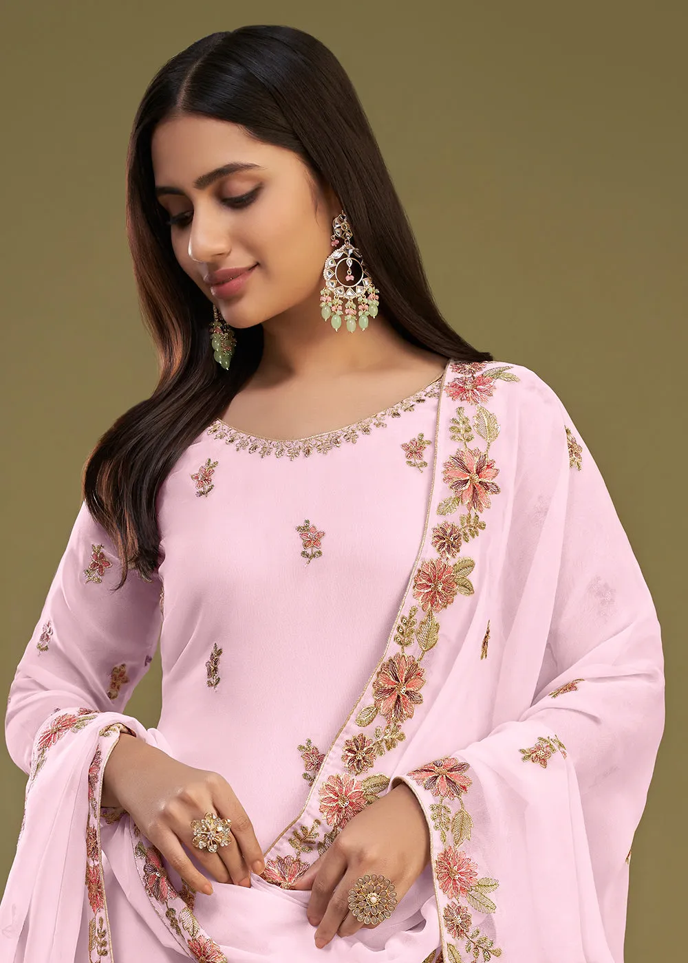 Georgette Pink Multi Thread Embroidered Gharara Suit