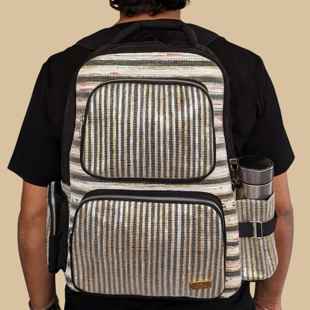 Golden Shimmery and Black Striped Upcycled Handwoven Commuter Backpack (CBP0624-002) PS_W