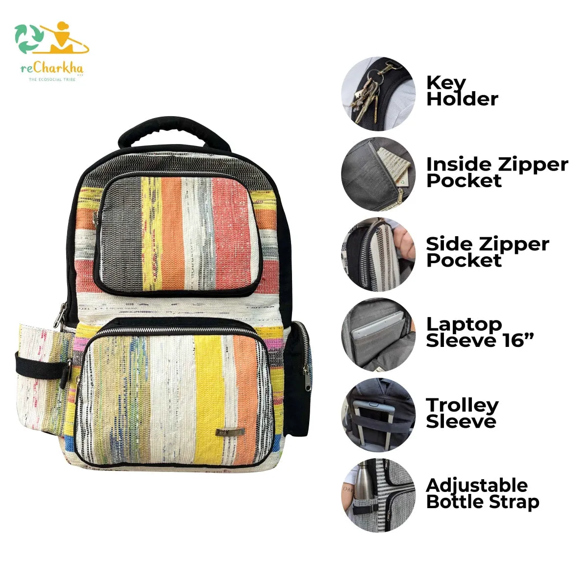 Golden Shimmery and Black Striped Upcycled Handwoven Commuter Backpack (CBP0624-002) PS_W