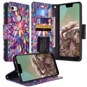 Google Pixel 3a XL Case, Pixel 3a XL Wallet Case, Wrist Strap Pu Leather Wallet Case [Kickstand] with ID & Credit Card Slots - Rainbow Flower