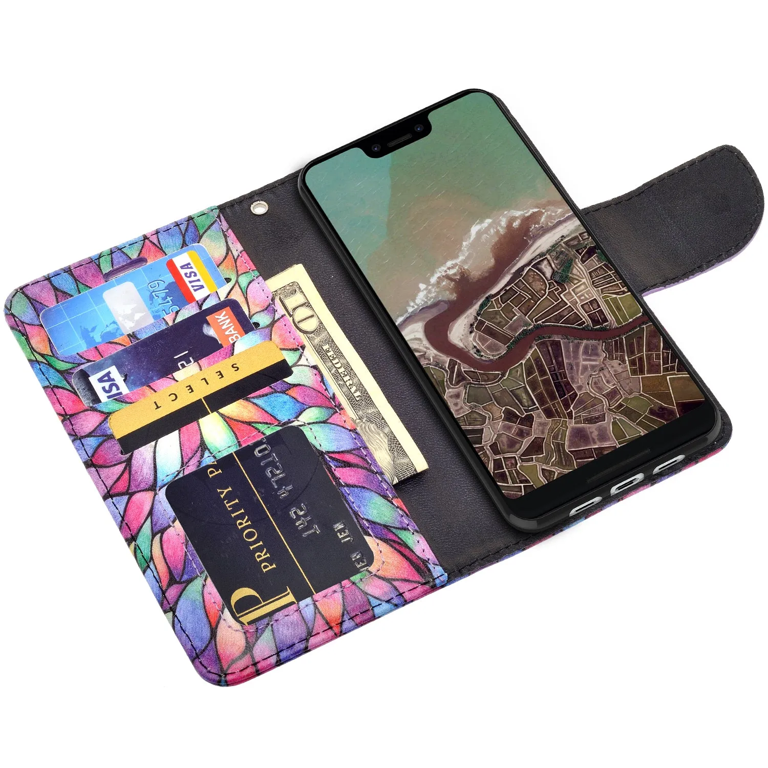 Google Pixel 3a XL Case, Pixel 3a XL Wallet Case, Wrist Strap Pu Leather Wallet Case [Kickstand] with ID & Credit Card Slots - Rainbow Flower