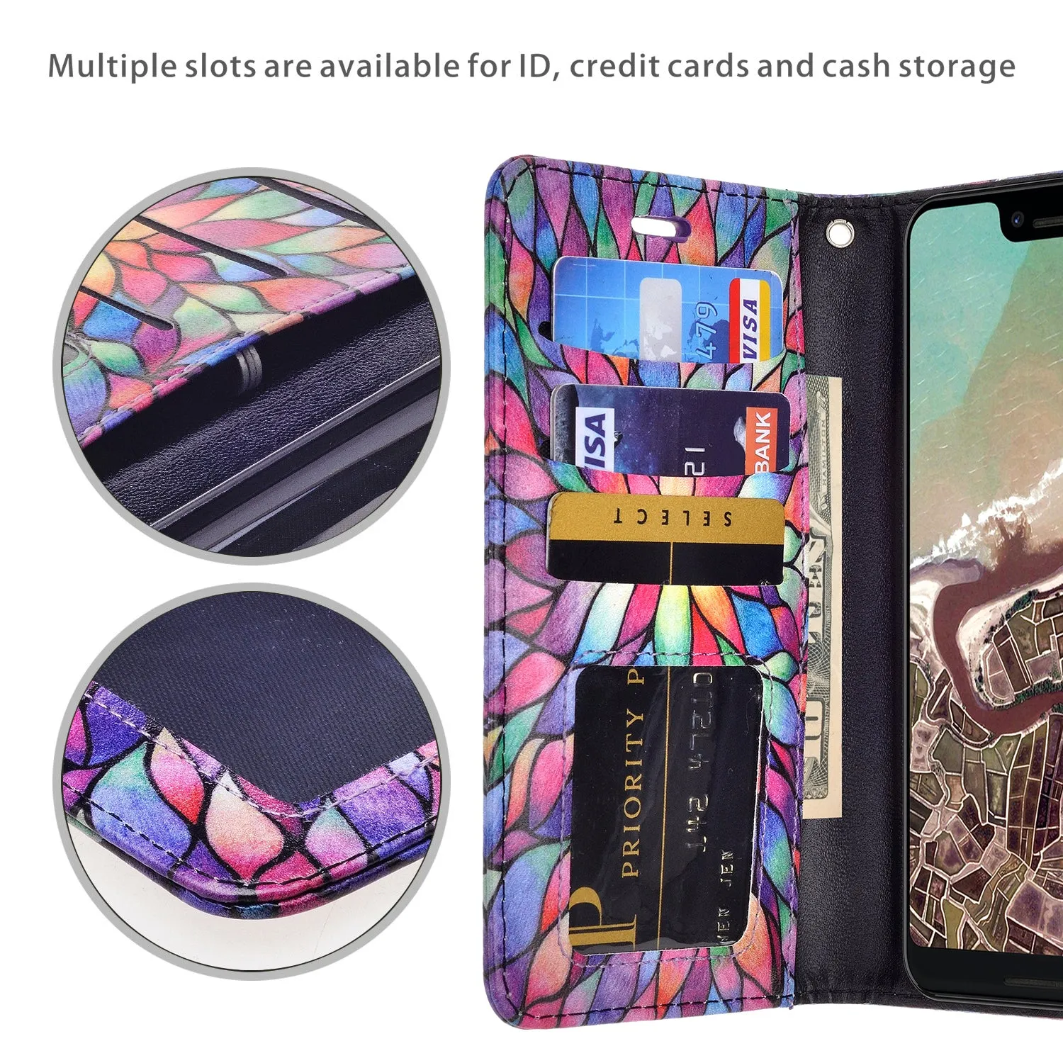 Google Pixel 3a XL Case, Pixel 3a XL Wallet Case, Wrist Strap Pu Leather Wallet Case [Kickstand] with ID & Credit Card Slots - Rainbow Flower