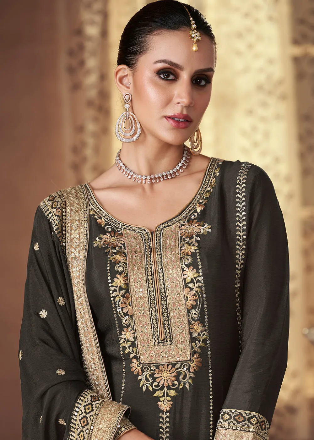 Gorgeous Black Real Chinnon Embroidered Designer Sharara Suit