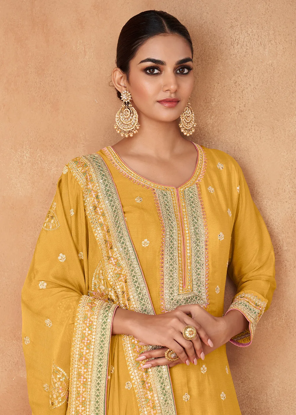 Gorgeous Yellow Real Chinnon Embroidered Designer Sharara Suit