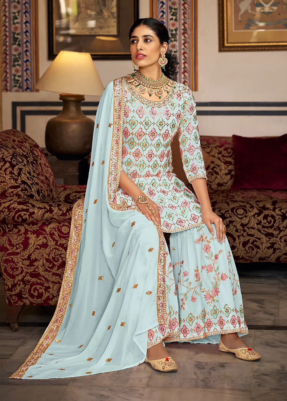 Heavy Georgette Blue Sequins Embroidered Gharara Suit