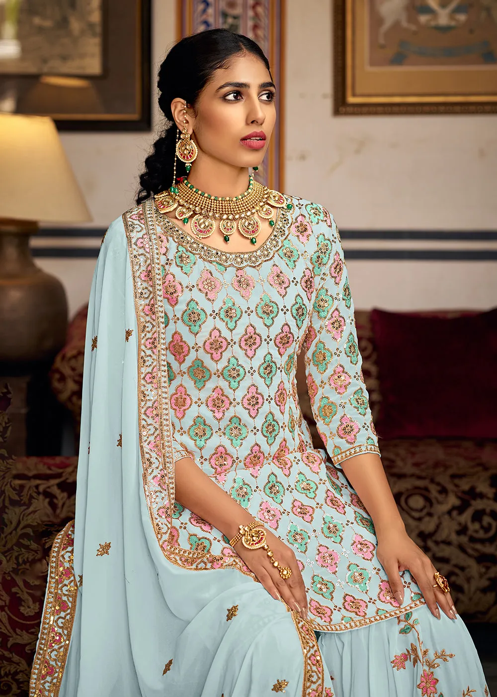 Heavy Georgette Blue Sequins Embroidered Gharara Suit