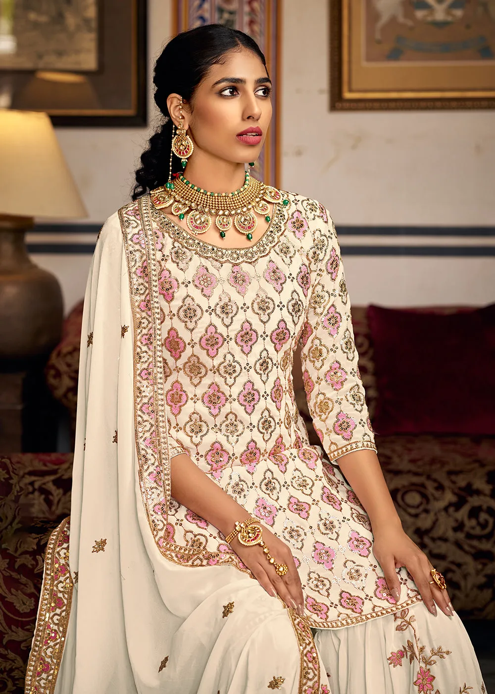 Heavy Georgette Cream Sequins Embroidered Gharara Suit