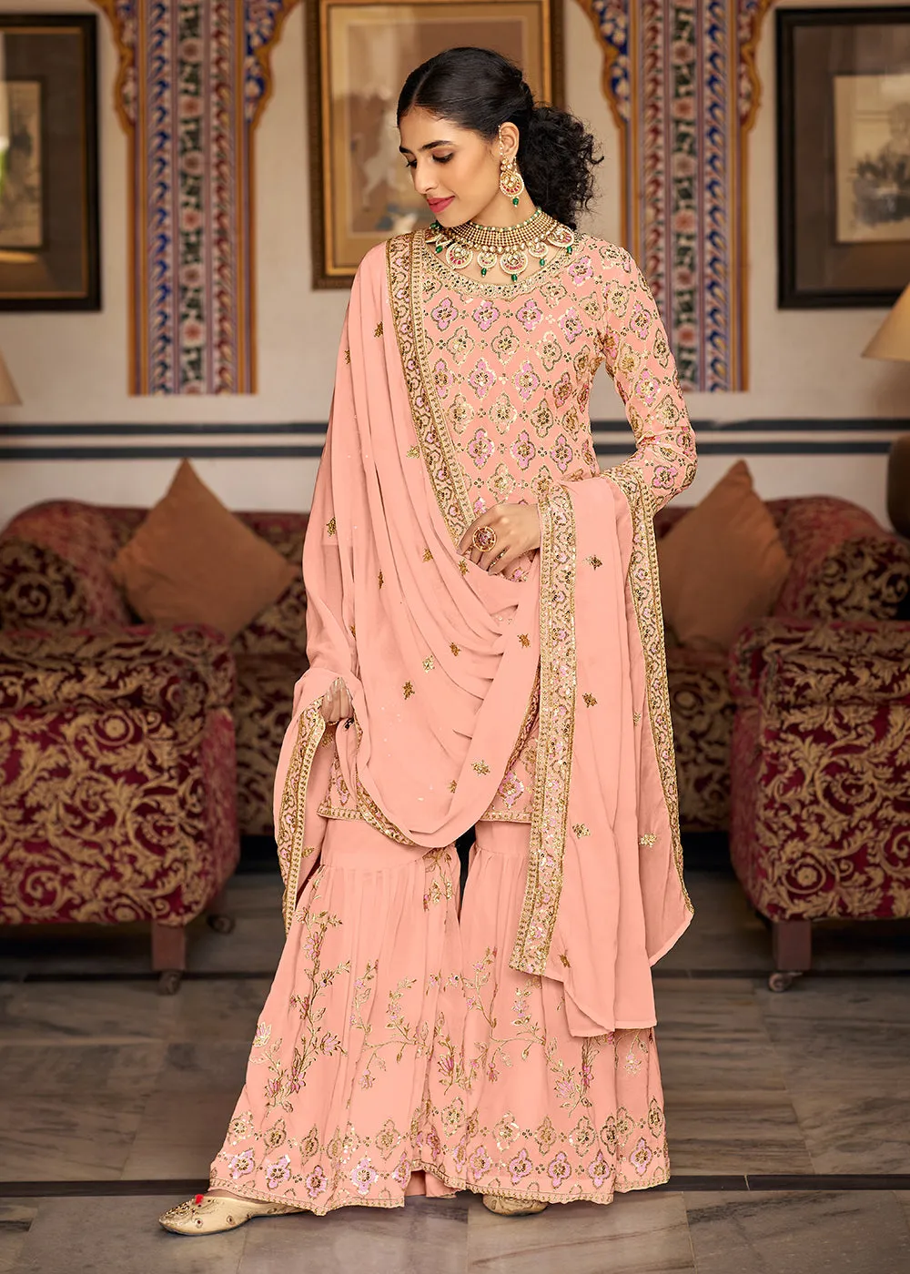 Heavy Georgette Peach Sequins Embroidered Gharara Suit