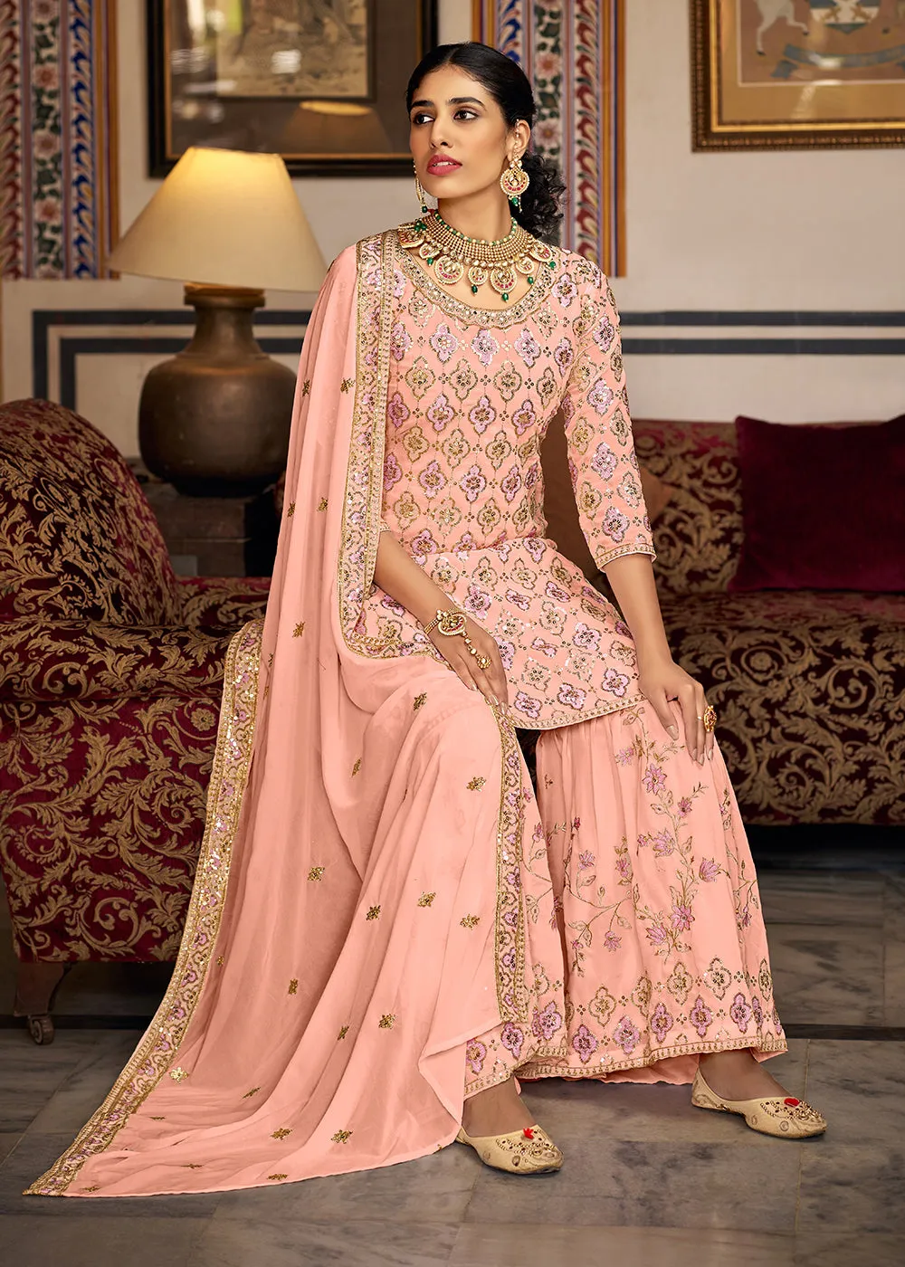 Heavy Georgette Peach Sequins Embroidered Gharara Suit