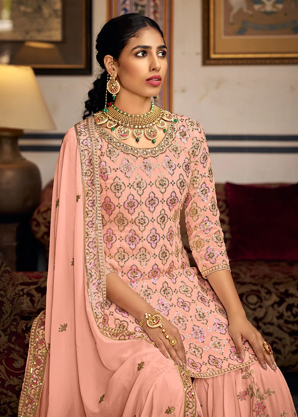 Heavy Georgette Peach Sequins Embroidered Gharara Suit