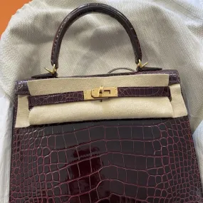 Hermès Kelly 25 Bordeaux Sellier Alligator Mississippi Lisse Gold Hardware GHW