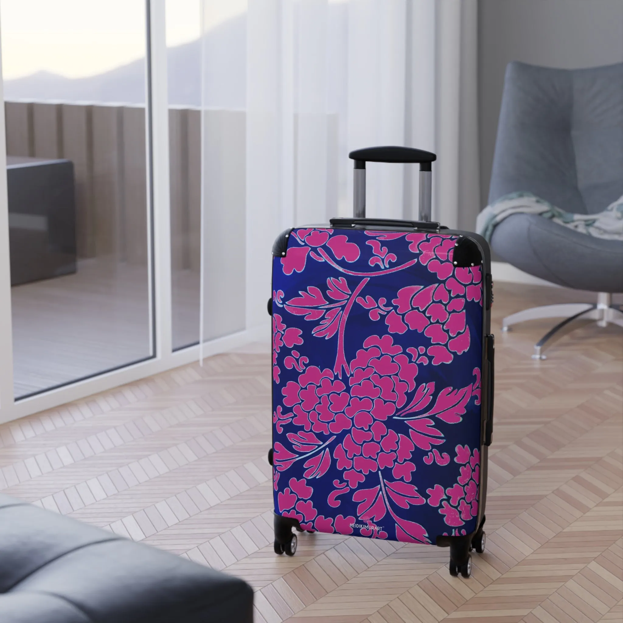 Hot Pink Floral Print Suitcases, Blue Floral Print Suitcase, Travel Bag Suitcases (Small, Medium, Large)