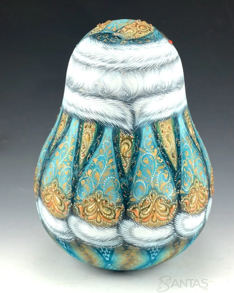 Jeweled Teal roly poly Russian Santa Bell