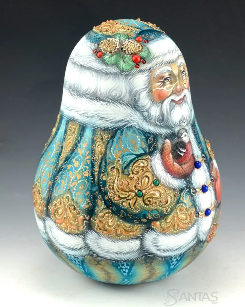 Jeweled Teal roly poly Russian Santa Bell