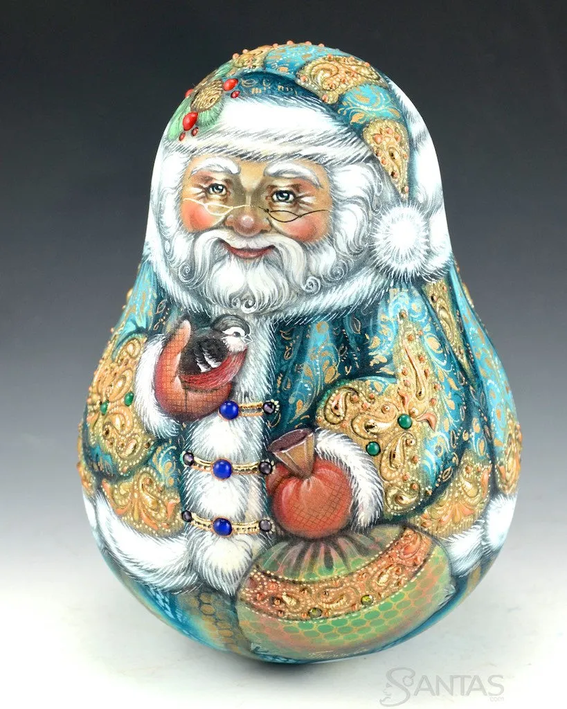 Jeweled Teal roly poly Russian Santa Bell