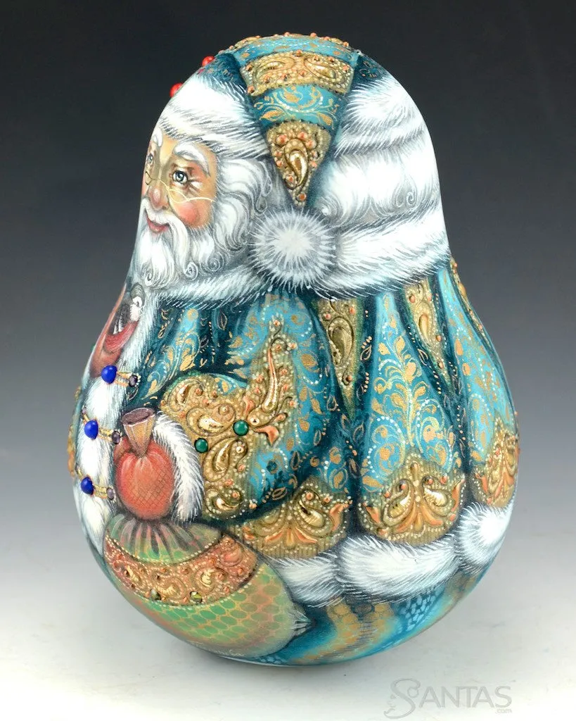 Jeweled Teal roly poly Russian Santa Bell