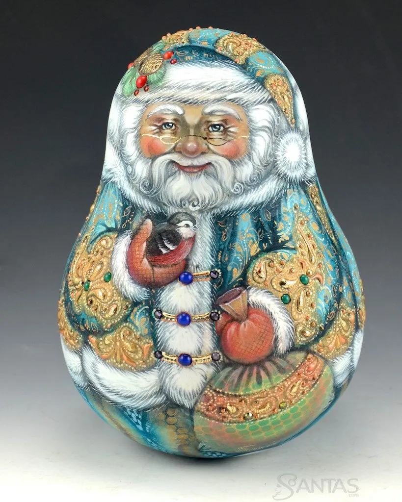 Jeweled Teal roly poly Russian Santa Bell