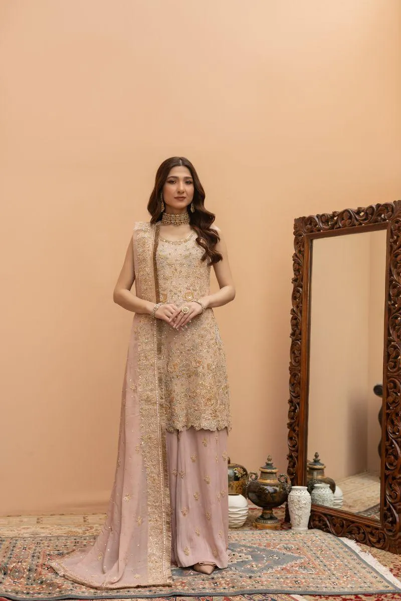 Khayal by Shaista Hasan - Blushing Rose Ensemble - Raw Silk & Chiffon Dupatta - 3 Piece