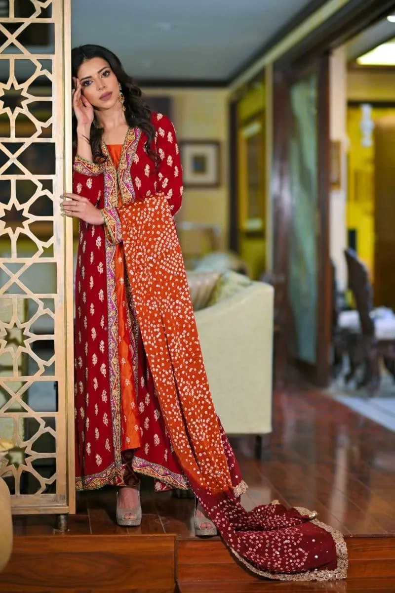 Khayal BY SHAISTA HASSAN - Red and Orange silk or shiffon - 3 Piece