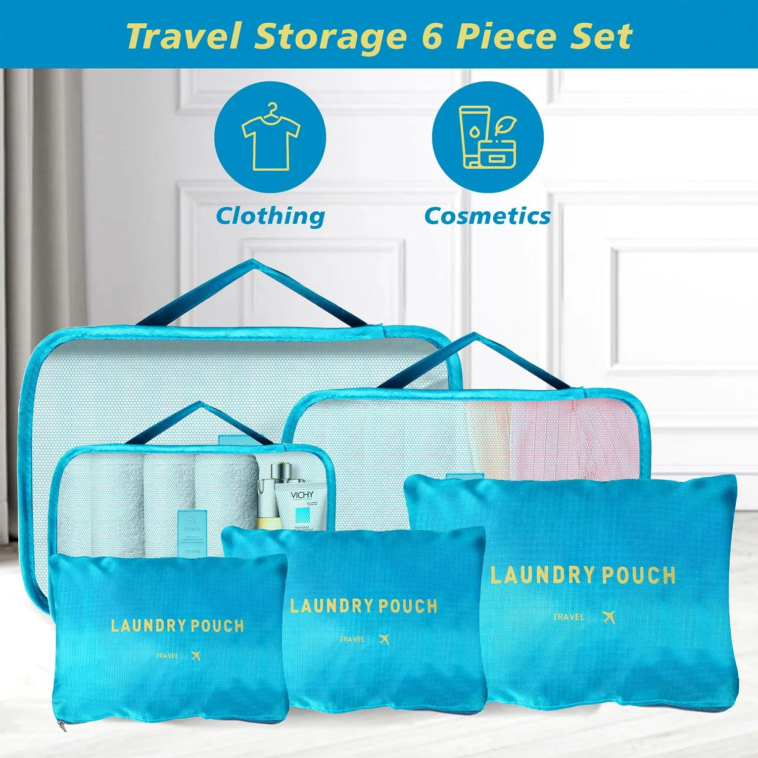 Kuber Industries 12 Pcs Travel Luggage Bag | Toiletry Bag for Jewellery-Watches-Bracelets | Multi-Purpose Storage Bag with Handle | Travel Utility Storage Pouches | LYN16-BLE | Blue| Pack of 2