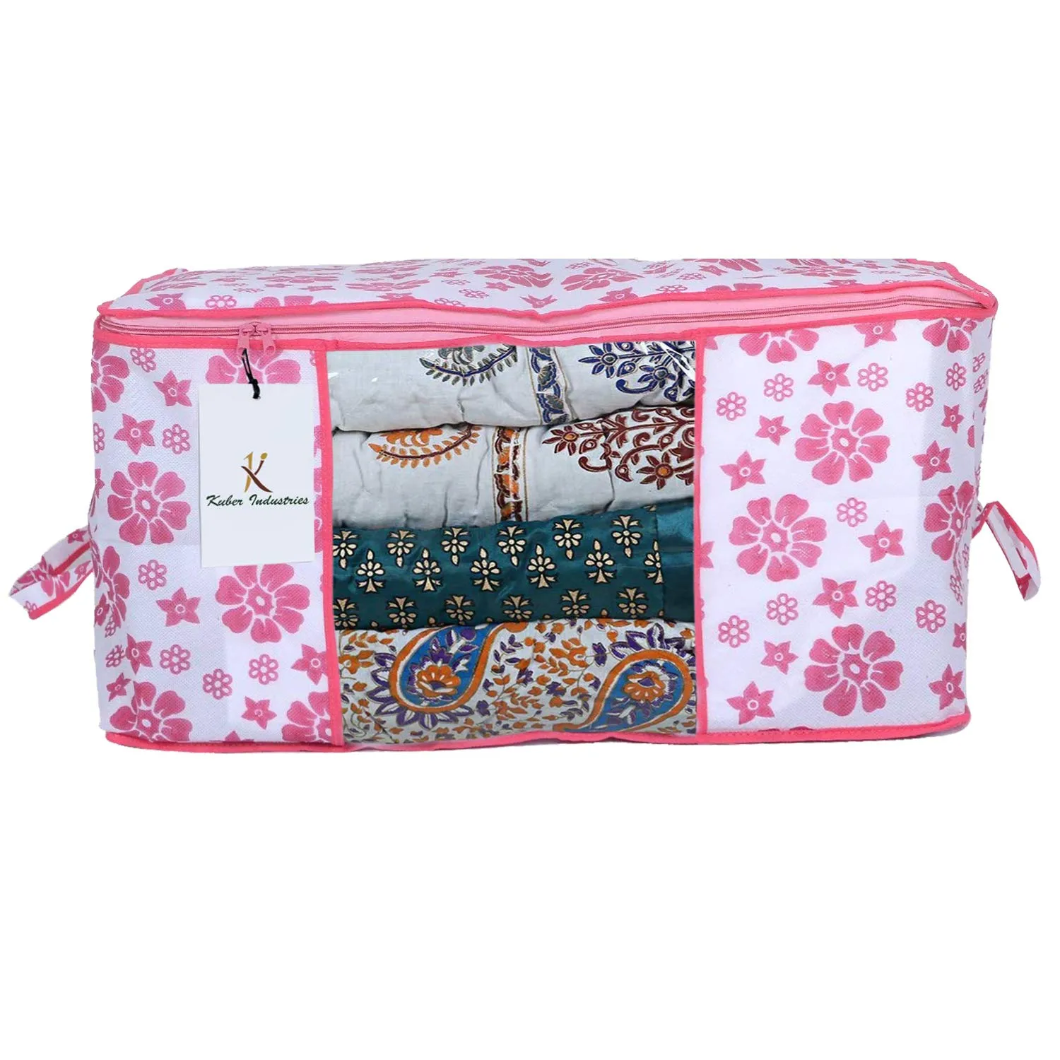 Kuber Industries Flower Printed Non Woven 3 Pieces Saree Cover and 2 Pieces Underbed Storage Bag, Cloth Organizer for Storage, Blanket Cover Combo Set (Pink) - CTKTC038609