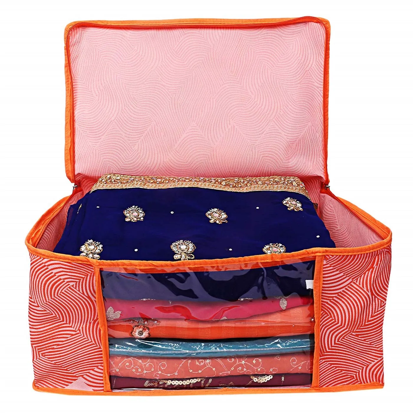 Kuber Industries Laheriya Printed Non Woven 4 Pieces Saree Cover and 4 Pieces Underbed Storage Bag, Cloth Organizer for Storage, Blanket Cover Combo Set (Orange) -CTKTC038698