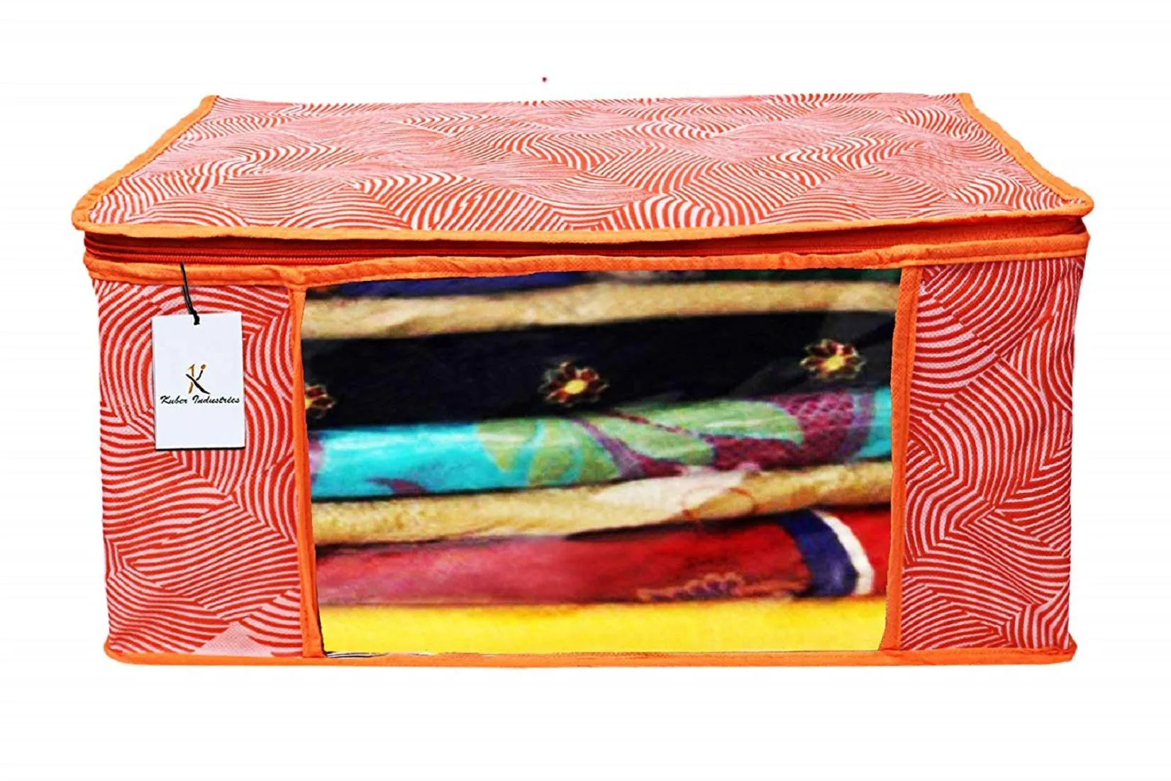 Kuber Industries Laheriya Printed Non Woven 4 Pieces Saree Cover and 4 Pieces Underbed Storage Bag, Cloth Organizer for Storage, Blanket Cover Combo Set (Orange) -CTKTC038698