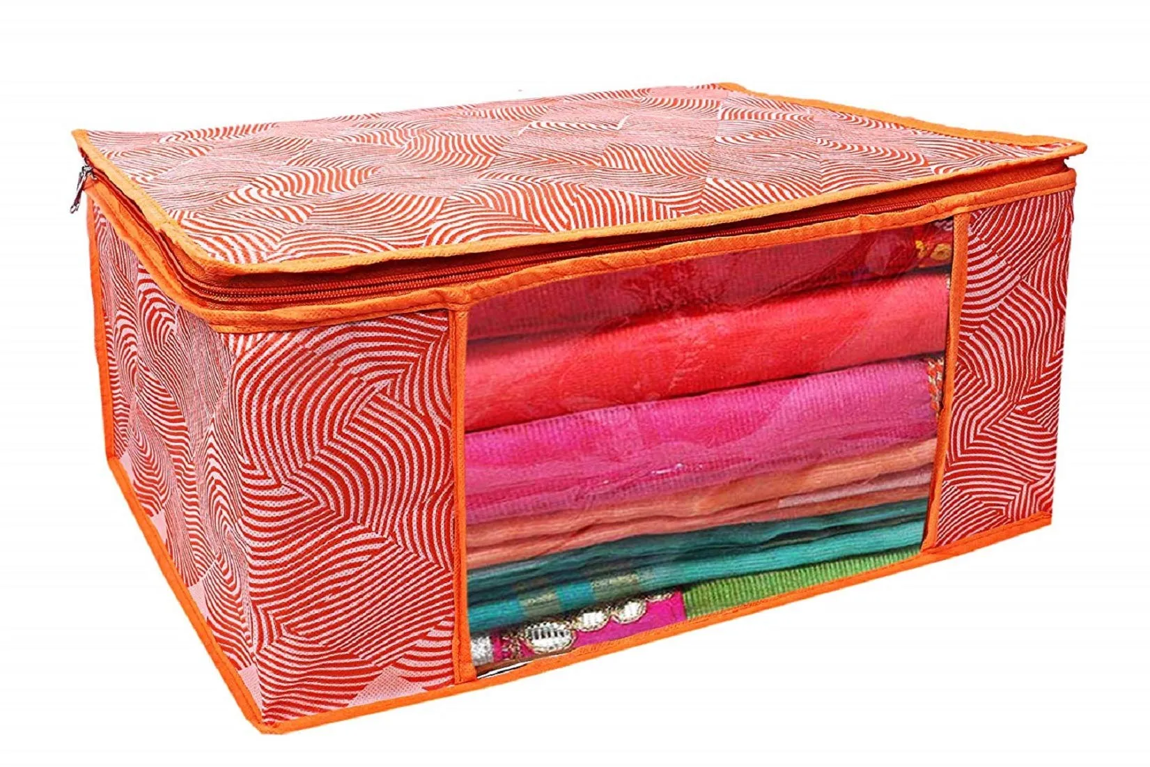 Kuber Industries Laheriya Printed Non Woven 4 Pieces Saree Cover and 4 Pieces Underbed Storage Bag, Cloth Organizer for Storage, Blanket Cover Combo Set (Orange) -CTKTC038698