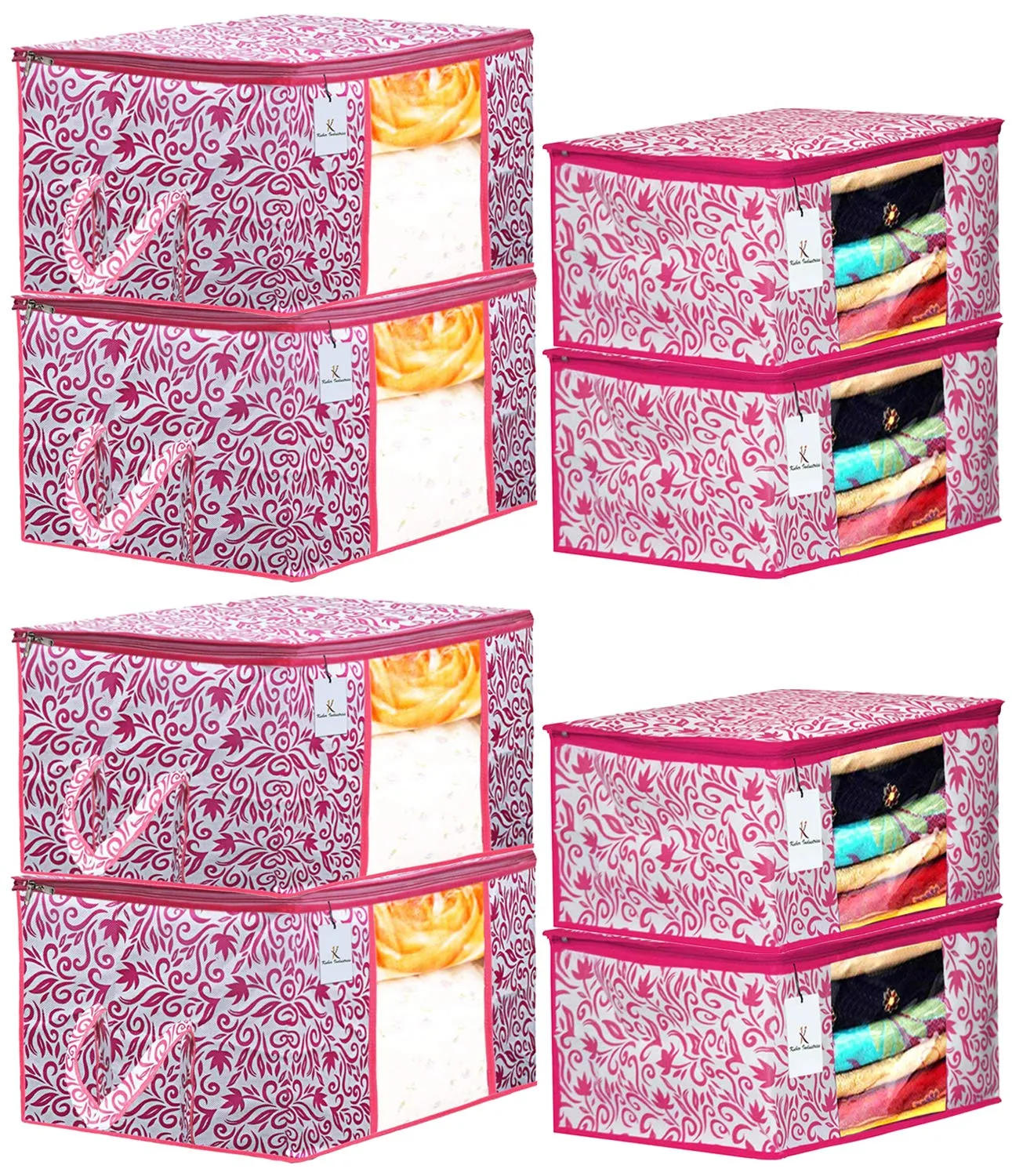 Kuber Industries Leaf Design Non Woven 4 Pieces Saree Cover and 4 Pieces Underbed Storage Bag, Cloth Organizer for Storage, Blanket Cover Combo Set (Pink) -CTKTC38662