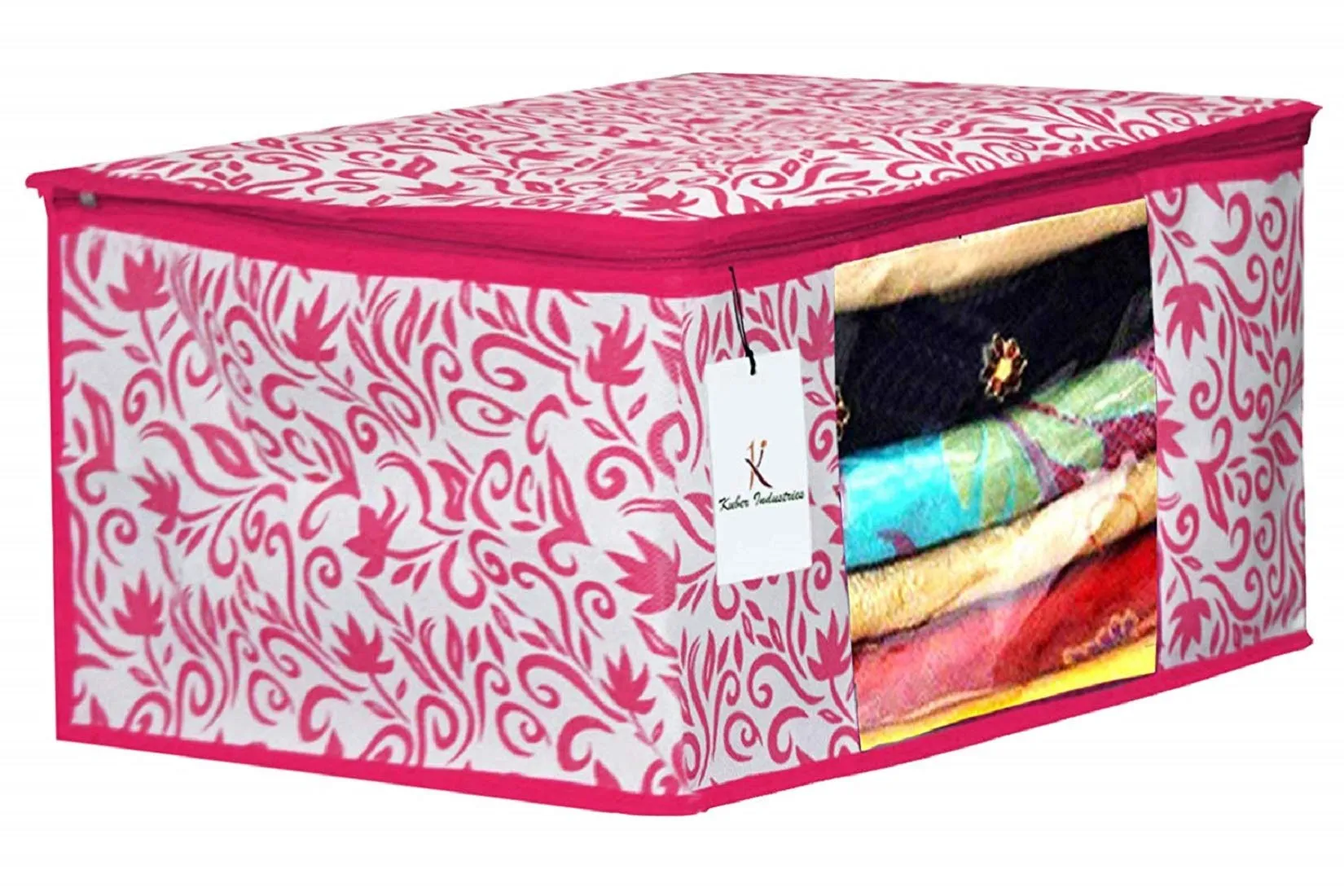 Kuber Industries Leaf Design Non Woven 4 Pieces Saree Cover and 4 Pieces Underbed Storage Bag, Cloth Organizer for Storage, Blanket Cover Combo Set (Pink) -CTKTC38662