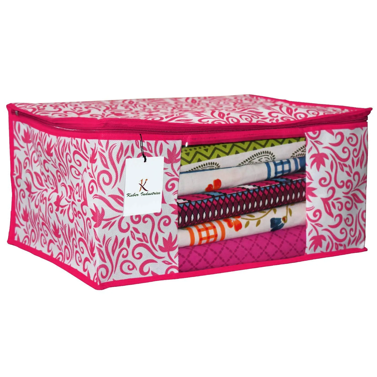 Kuber Industries Leaf Design Non Woven 4 Pieces Saree Cover and 4 Pieces Underbed Storage Bag, Cloth Organizer for Storage, Blanket Cover Combo Set (Pink) -CTKTC38662