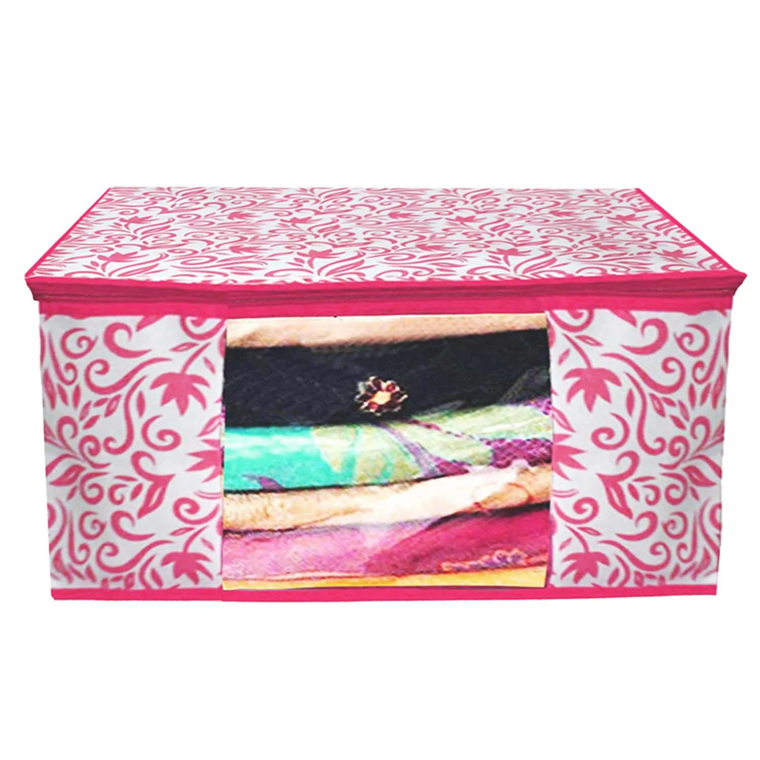 Kuber Industries Leaf Design Non Woven 6 Pieces Saree Cover and 3 Pieces Underbed Storage Bag, Cloth Organizer for Storage, Blanket Cover Combo Set (Pink) -CTKTC38663